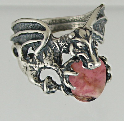 Sterling Silver Dragon of Desire Ring With Rhodocrosite Size 10